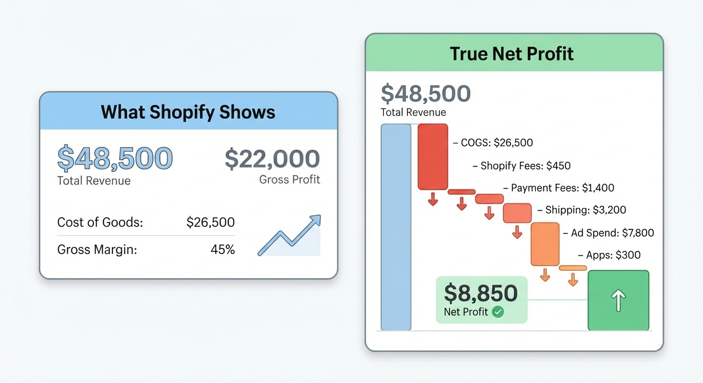 Flat UI mockup on a white background showing two side-by-side analytics dashboards. Left side labeled