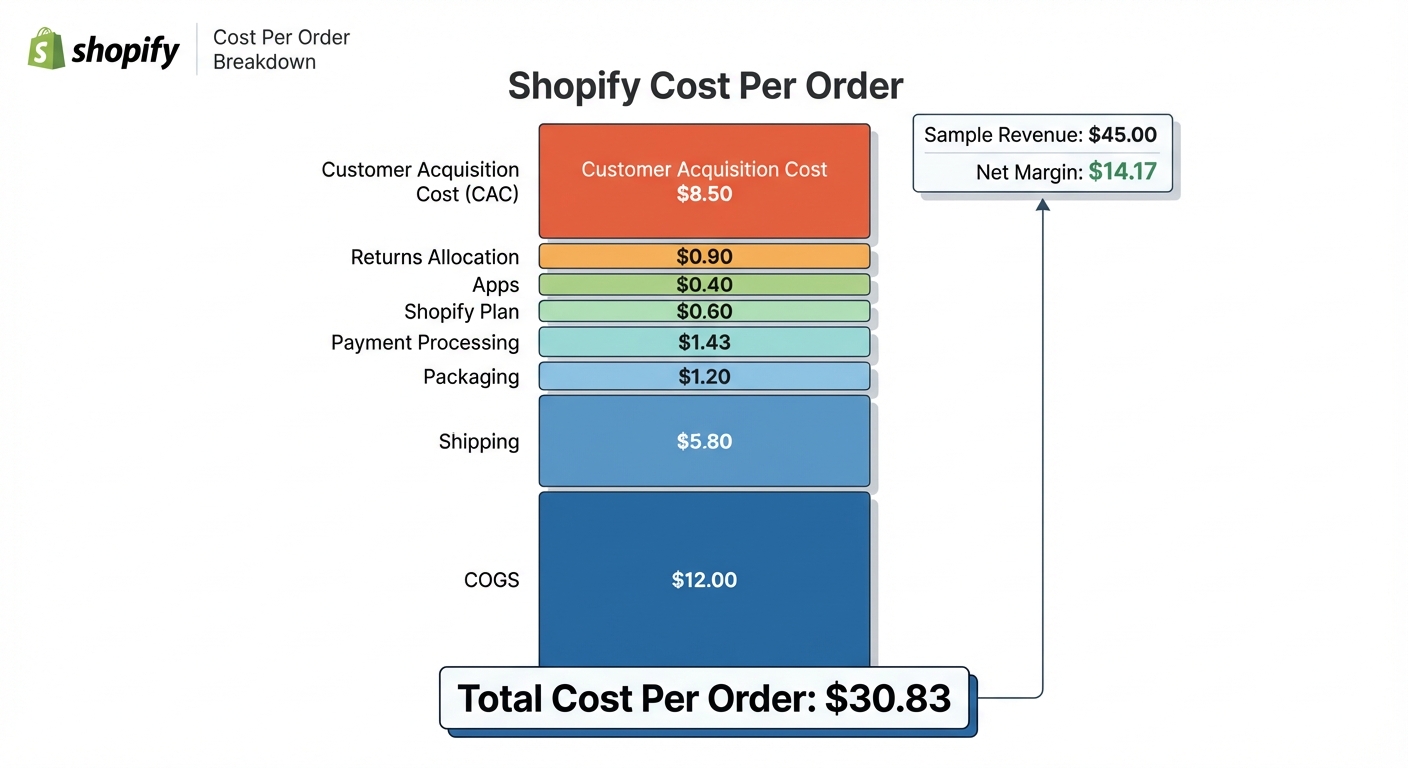 Clean infographic on a white background showing a vertical cost-stacking diagram for