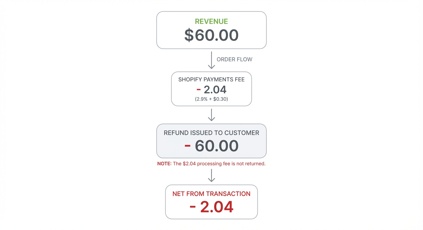 Clean infographic on a white background showing a $60 order flow: starting with $60 revenue, subtracting $2.04 Shopify Payments processing fee (2.9% + $0.30), then showing a full refund issued to the customer with a note that the $2.04 fee is not returned, ending at -$2.04 net from this transaction. Use a simple downward flow with red text for the loss.