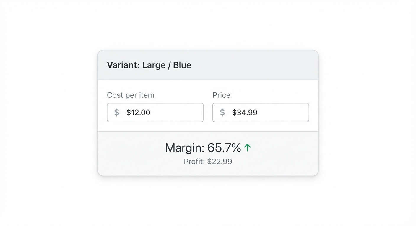 Flat UI mockup on a white background of a Shopify product admin page, showing a product variant panel with a 