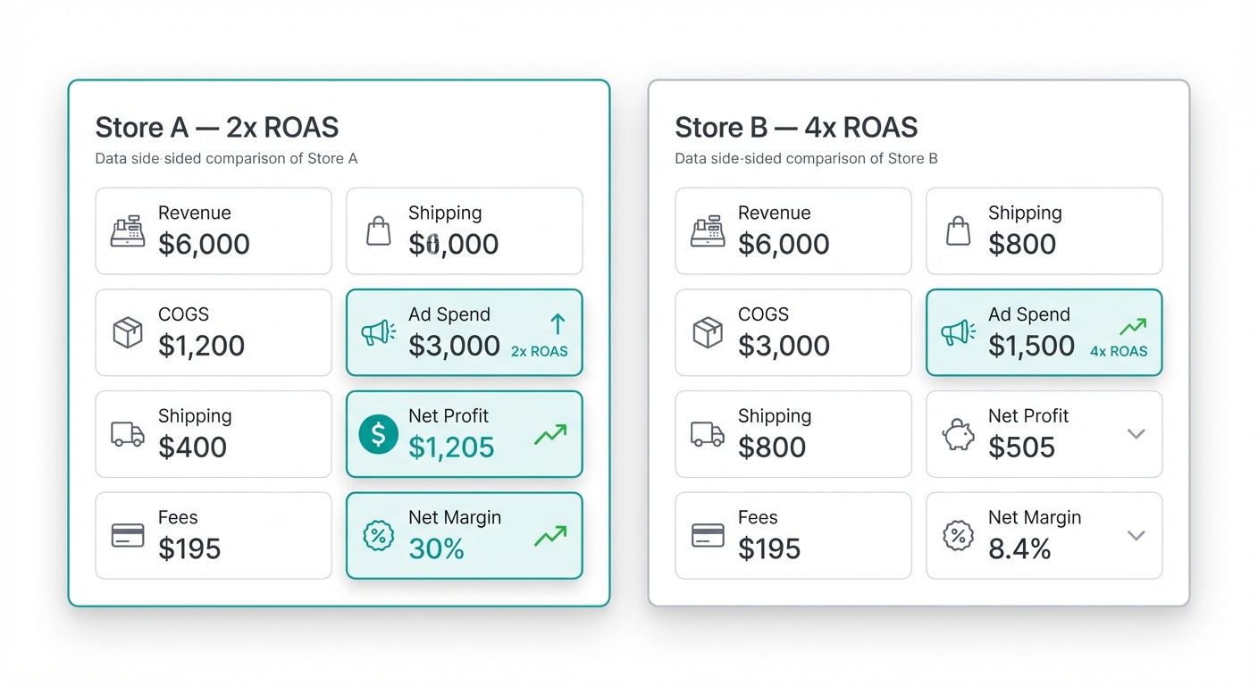 Flat UI mockup on a white background of a side-by-side profit comparison dashboard. Left panel labeled 