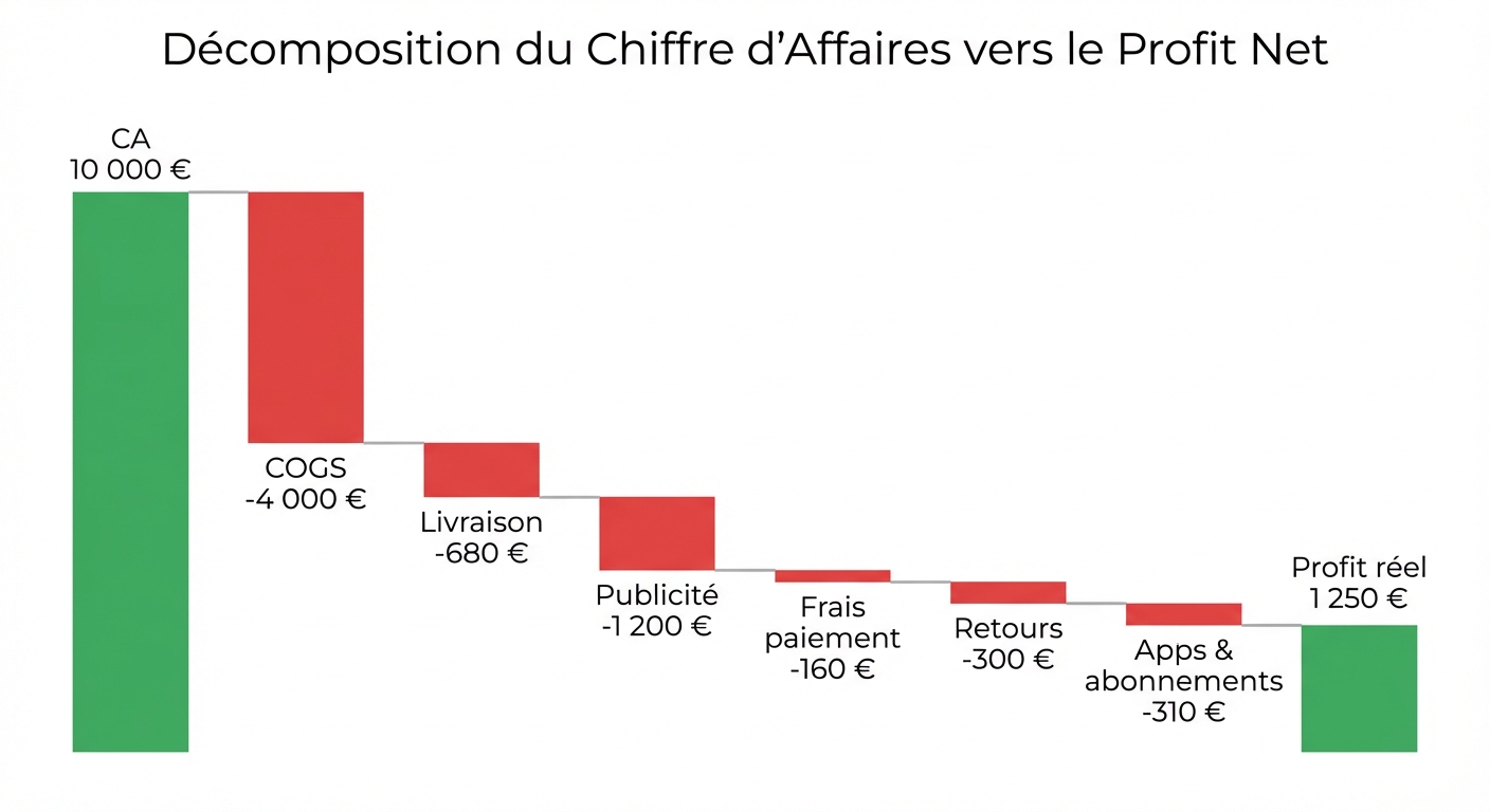 Graphique en cascade (waterfall chart) sur fond blanc illustrant la décomposition du chiffre d'affaires vers le profit net. Barre de départ verte :