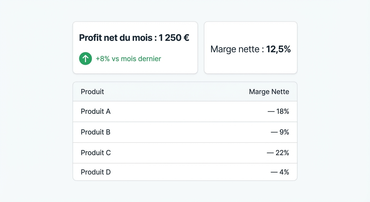 Mockup UI flat sur fond blanc d'un tableau de bord analytics e-commerce minimaliste. En haut à gauche, une grande carte affichant