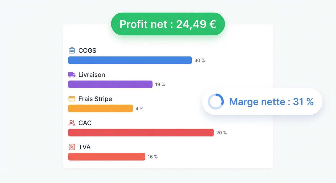 Mockup UI flat sur fond blanc d'un tableau de bord analytique SaaS présentant le détail d'une commande Shopify. En haut, un indicateur