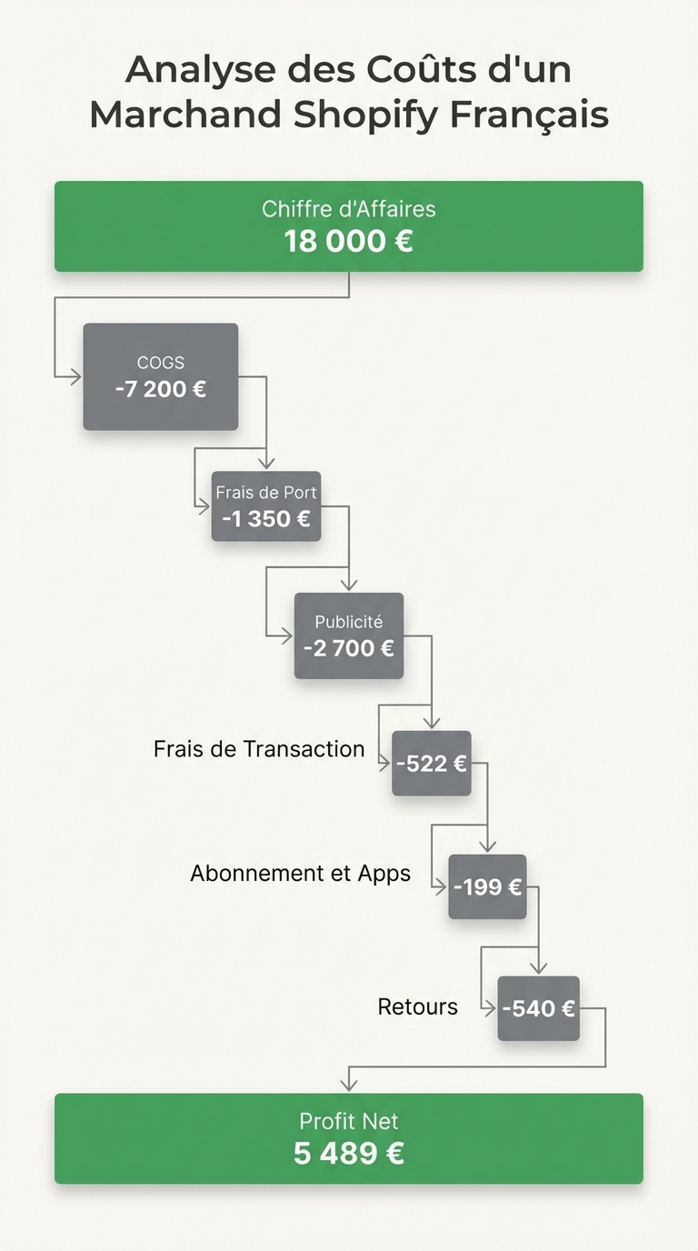 Infographie verticale sur fond blanc cassé montrant un graphique en cascade (waterfall chart) avec les postes de coûts d'un marchand Shopify français : chiffre d'affaires de 18 000 € en vert, puis barres descendantes grises pour COGS (-7 200 €), frais de port (-1 350 €), publicité (-2 700 €), frais de transaction (-522 €), abonnement et apps (-199 €), retours (-540 €), avec une barre finale verte indiquant le profit net de 5 489 €. Labels clairs en français, style flat design minimaliste.