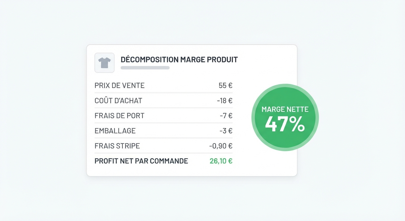 Flat UI mockup sur fond blanc d'un tableau de bord analytique de type SaaS, montrant une fiche produit avec une décomposition de la marge par commande : prix de vente 55 €, moins coût d'achat 18 €, moins frais de port 7 €, moins emballage 3 €, moins frais Stripe 0,90 €, profit net par commande 26,10 €, avec un indicateur de marge nette à 47% affiché en grand. Style minimaliste, couleurs neutres avec accent vert pour le profit.