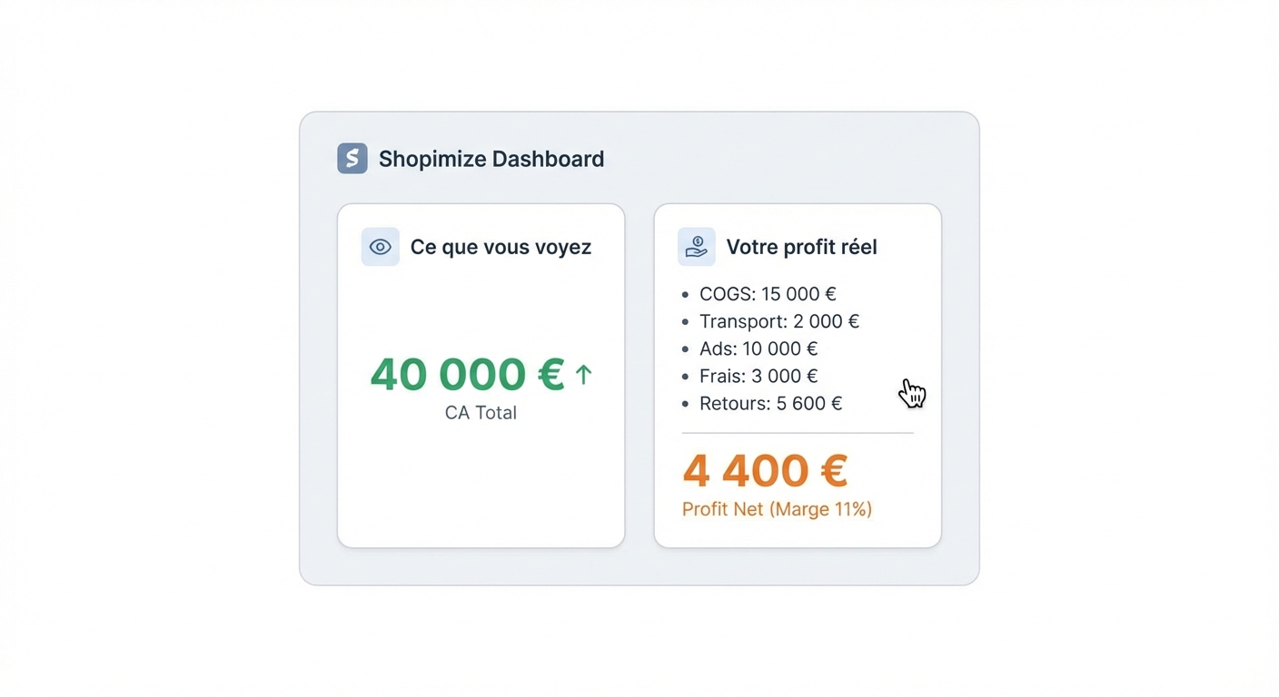 Flat UI mockup sur fond blanc d'un tableau de bord Shopimize montrant deux colonnes côte à côte — à gauche