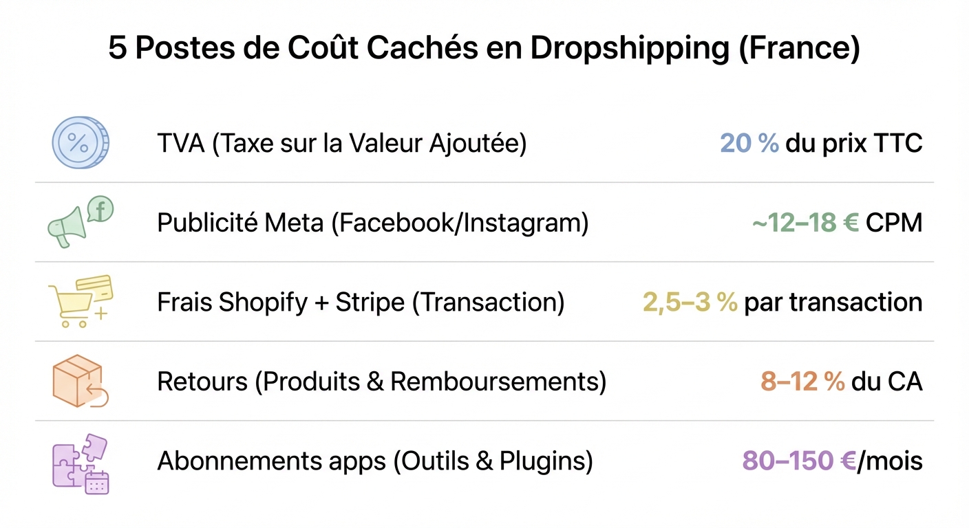 Infographie style liste visuelle sur fond clair, montrant les 5 postes de coût cachés en dropshipping en France. Chaque ligne a une icône simple à gauche, un nom de poste au centre, et un montant ou pourcentage indicatif à droite. Postes : TVA (20 % du prix TTC), Publicité Meta (~12–18 € CPM), Frais Shopify + Stripe (2,5–3 % par transaction), Retours (8–12 % du CA), Abonnements apps (80–150 €/mois). Style épuré, couleurs douces, typographie moderne.
