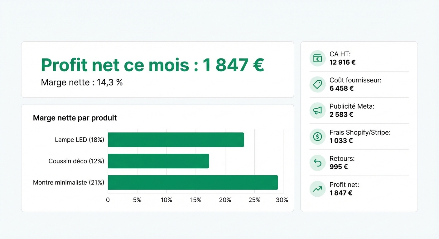Mockup UI flat sur fond blanc d'un tableau de bord SaaS d'analyse de profit pour boutique Shopify. Le panneau principal affiche un grand chiffre