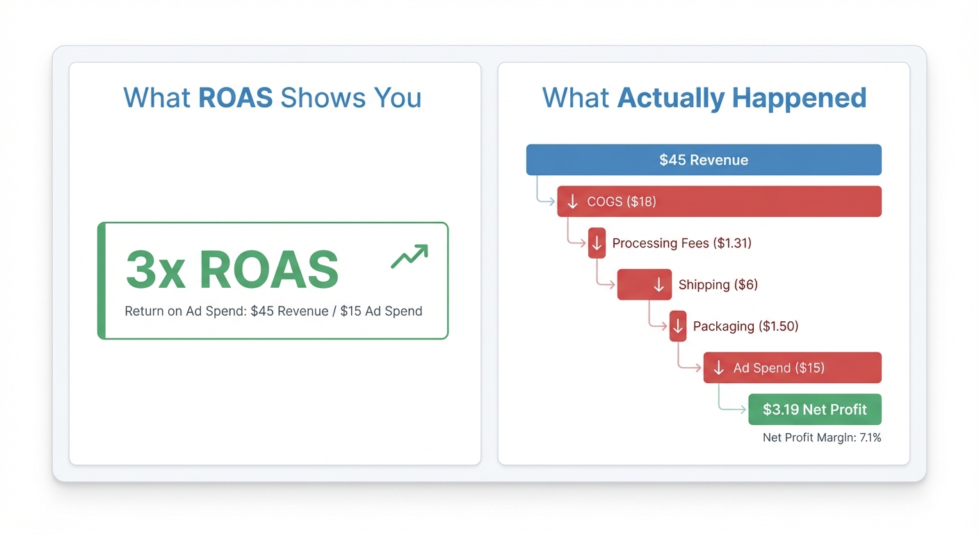 Flat UI mockup on a white background of a SaaS analytics dashboard showing two columns side by side. Left column labeled