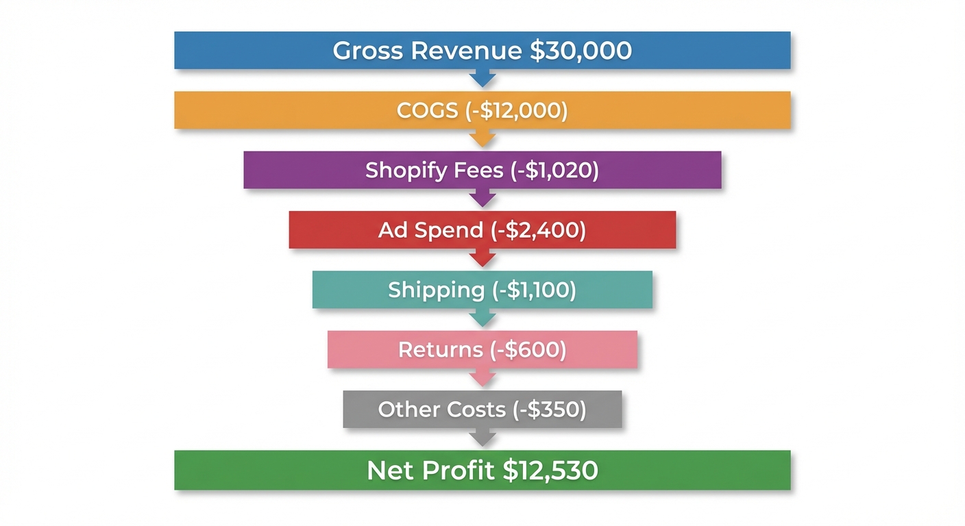 Clean infographic on a white background showing a vertical profit waterfall calculation with labeled steps. Top bar: 
