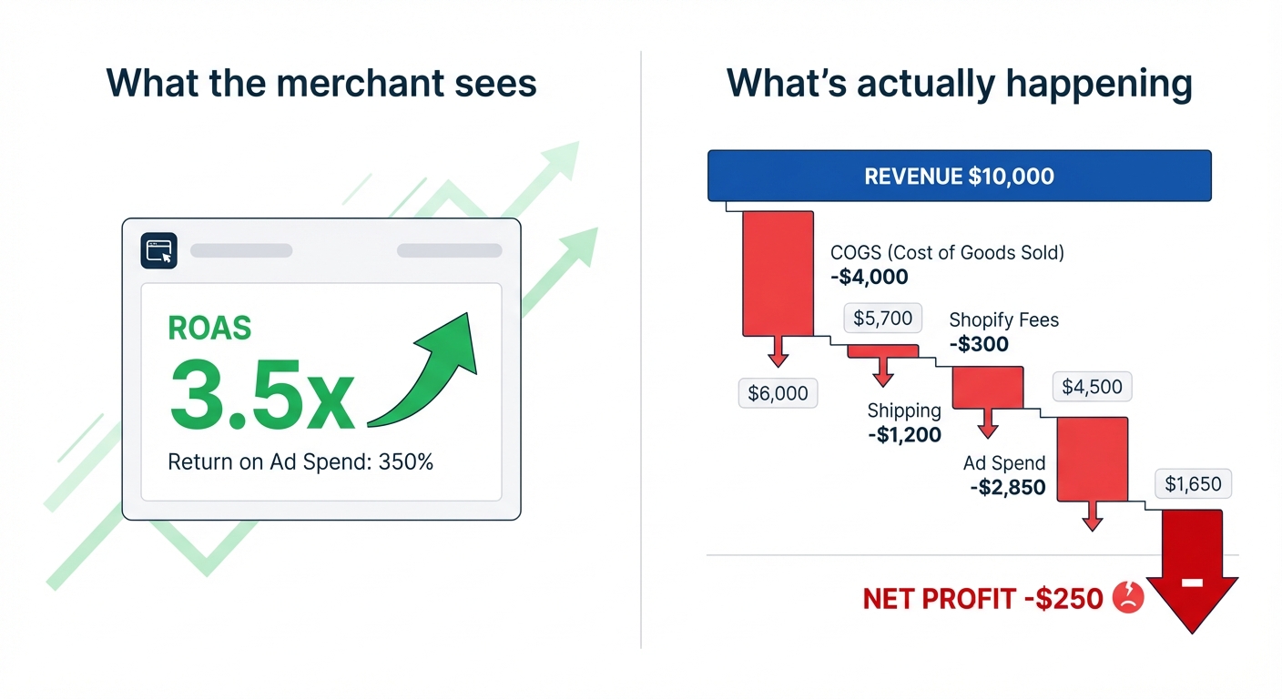 Clean infographic on a white background showing two side-by-side examples of a Shopify store: left side labeled