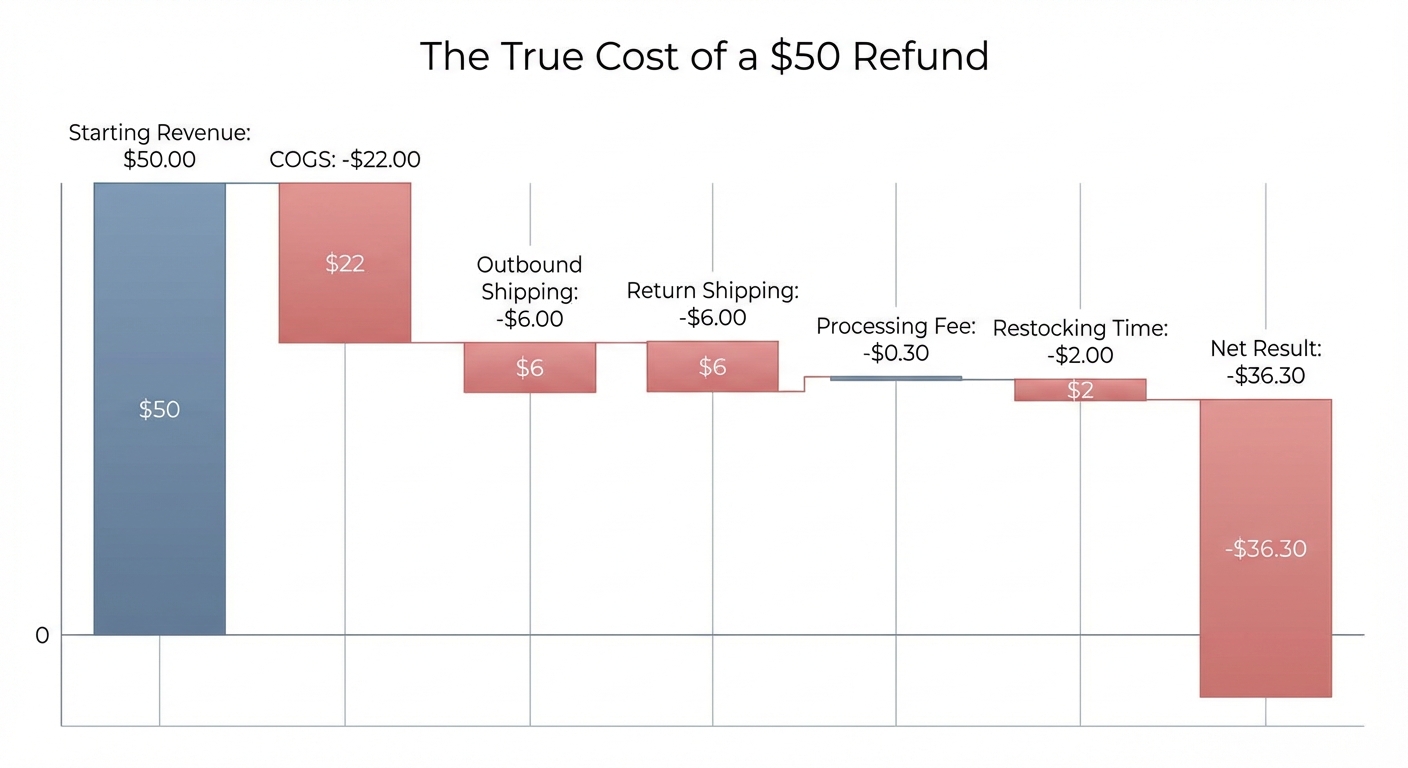 Waterfall chart on a white background illustrating the true cost of a single $50 refund. Starting bar: $50 revenue. Descending bars: COGS ($22), outbound shipping ($6), return shipping ($6), non-refundable processing fee ($0.30), restocking time ($2). Final bar at zero or negative showing net result of -$36.30. Use clean sans-serif font, muted color scheme, with each bar labeled clearly.