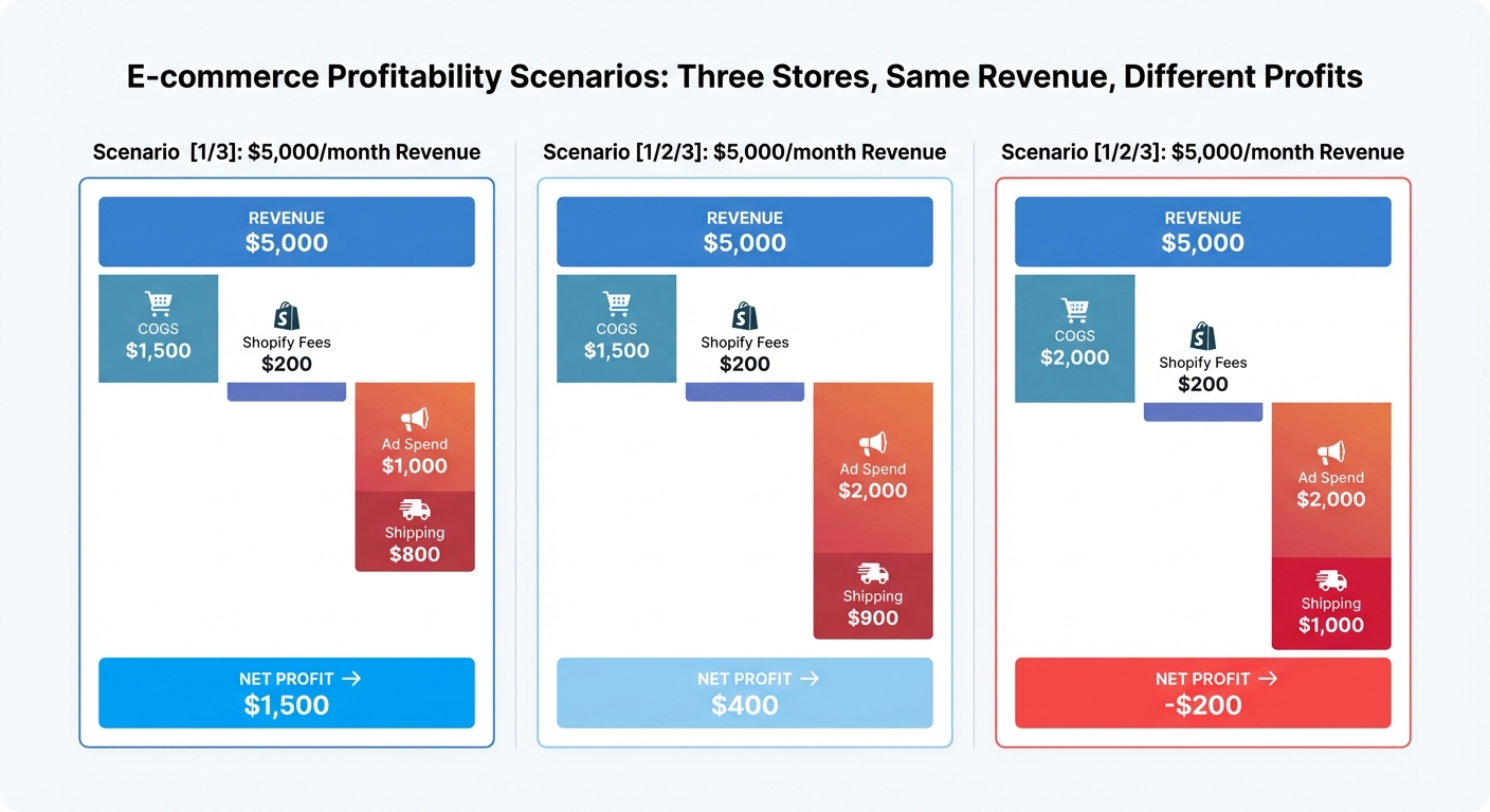 Clean infographic on a white background showing three side-by-side store scenarios all with $5,000/month revenue. Each scenario shows a downward waterfall breakdown with labels for COGS, Shopify fees, ad spend, and shipping, resulting in different net profit figures: $1,500, $400, and -$200. Use a blue-to-red color scale where positive profit is blue and negative is red.