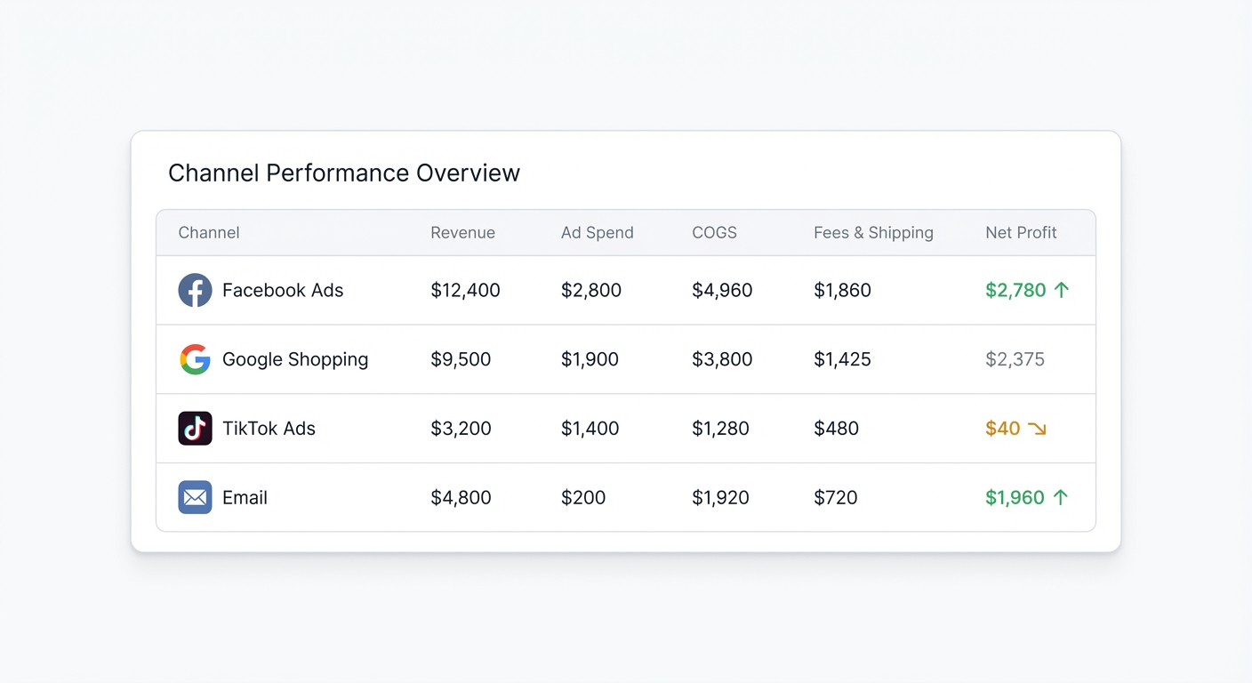 Flat UI mockup on a white background of a SaaS analytics dashboard. The dashboard shows a table with four rows: Facebook Ads, Google Shopping, TikTok Ads, and Email. Columns include Revenue, Ad Spend, COGS, Fees & Shipping, and Net Profit. Facebook row shows $12,400 revenue, $2,800 spend, $4,960 COGS, $1,860 fees, and $2,780 net profit in green. TikTok row shows $3,200 revenue, $1,400 spend, $1,280 COGS, $480 fees, and $40 net profit in amber/orange to signal low profitability. Design is clean, minimal, and modern.