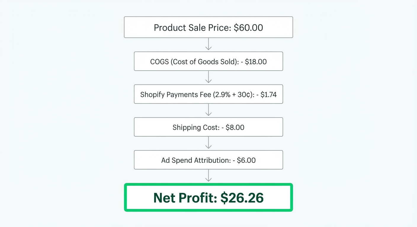 Clean infographic on a white background showing a single product sale broken down into components: $60 sale price minus $18 COGS, minus $1.74 Shopify Payments fee (2.9% + 30¢), minus $8 shipping, minus $6 ad spend attribution, with