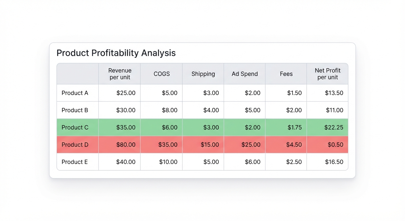 Flat UI mockup on a white background of a spreadsheet-style table showing 5 products with columns for