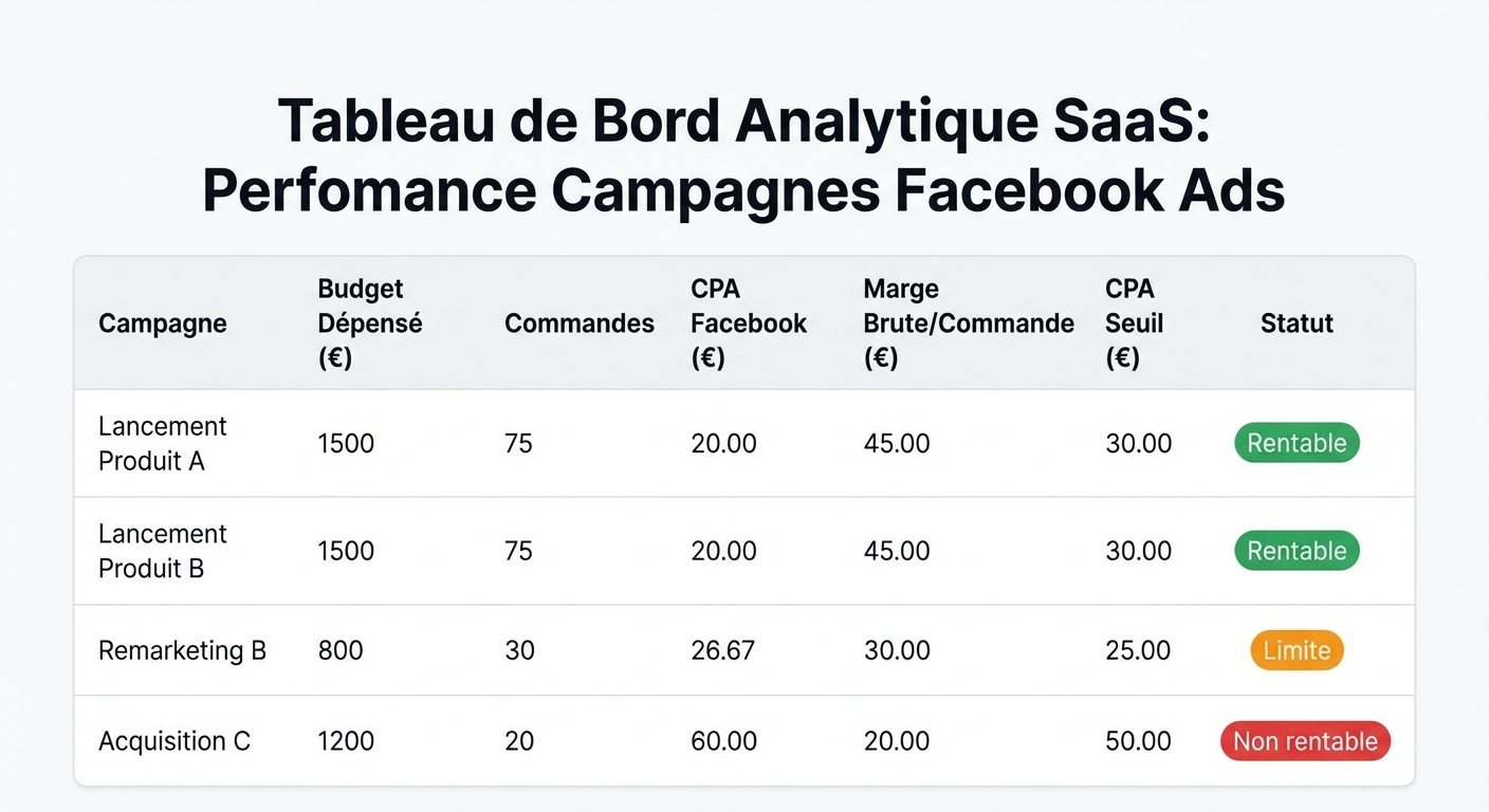 Mockup UI flat sur fond blanc d'un tableau de bord analytique SaaS montrant une liste de 3 campagnes Facebook Ads avec pour chacune : budget dépensé, nombre de commandes, coût par achat Facebook, marge brute par commande, coût par achat seuil, et une colonne colorée