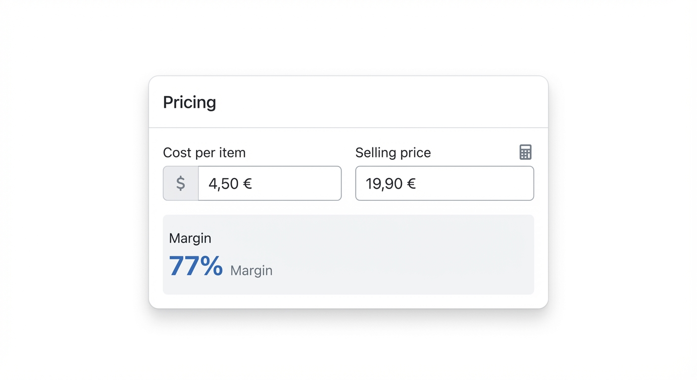 Flat UI mockup on a white background of a Shopify product page showing the