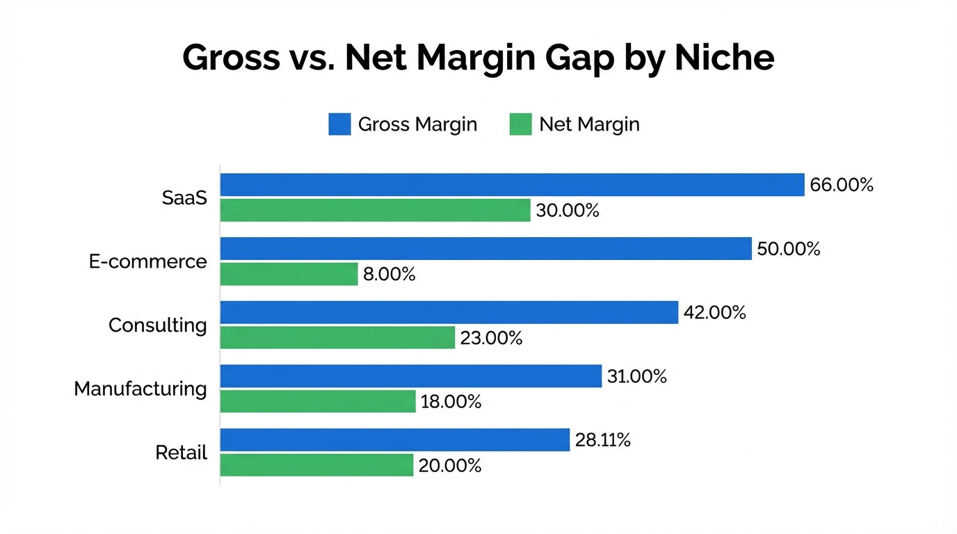 Horizontal grouped bar chart with two bars per niche — one for gross margin (blue) and one for net margin (green). Makes the 