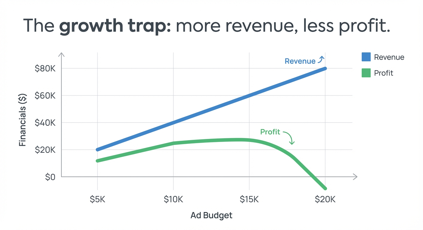 Line chart showing two lines as ad budget scales from $5K to $20K: