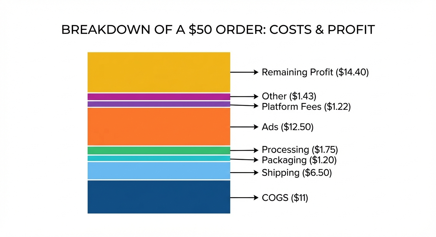 Stacked bar chart showing the $50 order broken down into its cost layers — COGS ($11), shipping ($6.50), packaging ($1.20), processing ($1.75), ads ($12.50), platform fees ($1.22), other ($1.43), and the remaining profit ($14.40). Color-code each layer.