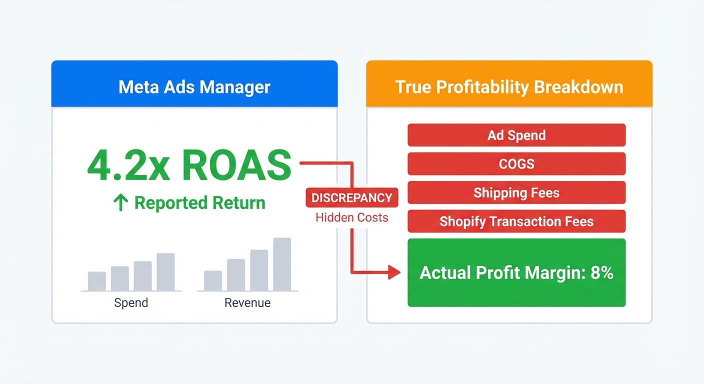 Flat UI mockup on a white background of a split-panel dashboard comparing Meta Ads Manager reported ROAS of 4.2x on the left versus a true profitability breakdown on the right showing ad spend, COGS, shipping fees, and Shopify transaction fees reducing actual profit margin to 8%, with red and green color-coded labels highlighting the discrepancy