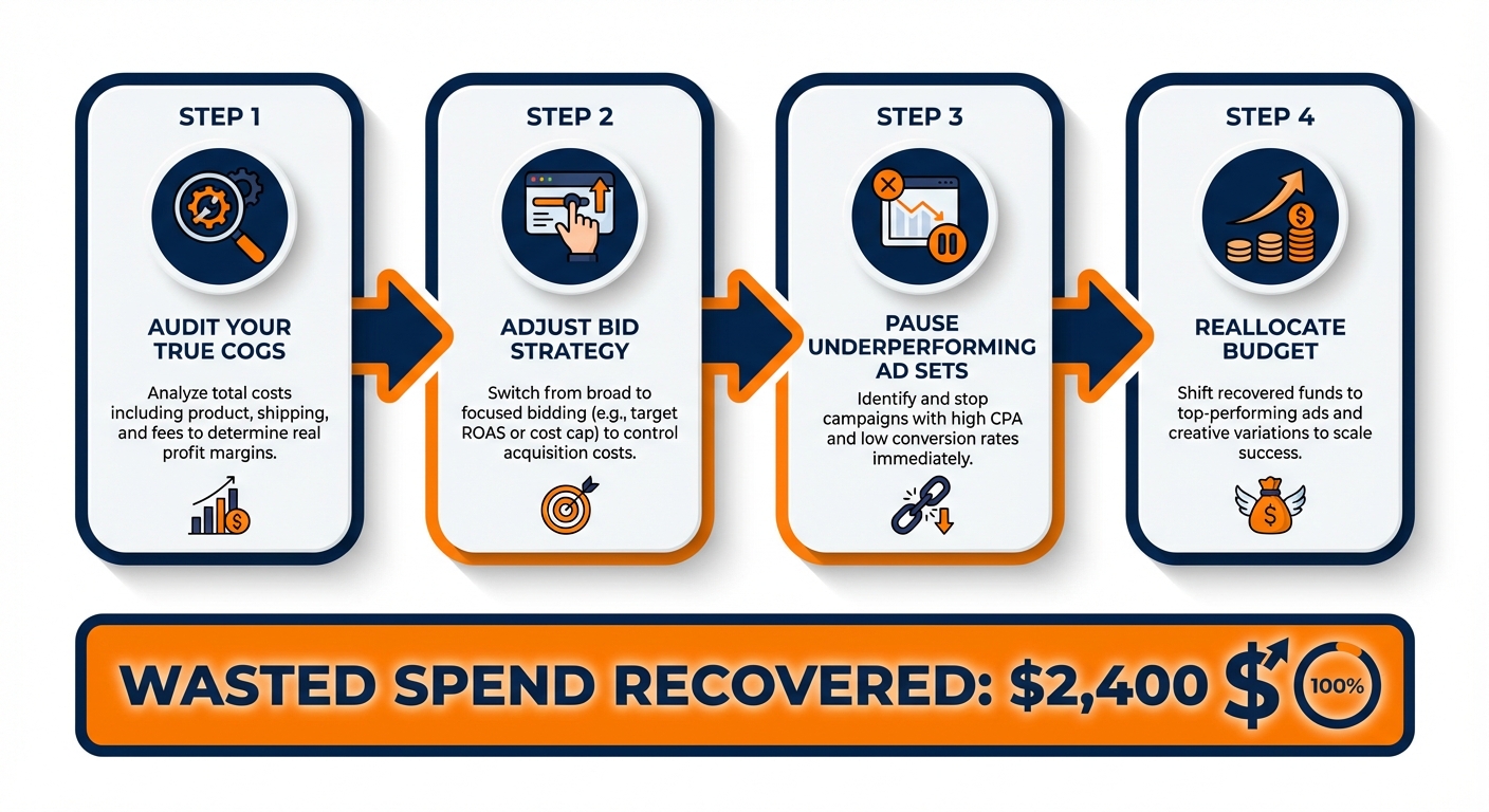 Clean infographic showing a four-step action plan for unprofitable Facebook Ads, with icons representing steps labeled Audit Your True COGS, Adjust Bid Strategy, Pause Underperforming Ad Sets, and Reallocate Budget, using a left-to-right flow layout with dollar amounts like $2,400 wasted spend recovered displayed prominently in orange and navy blue