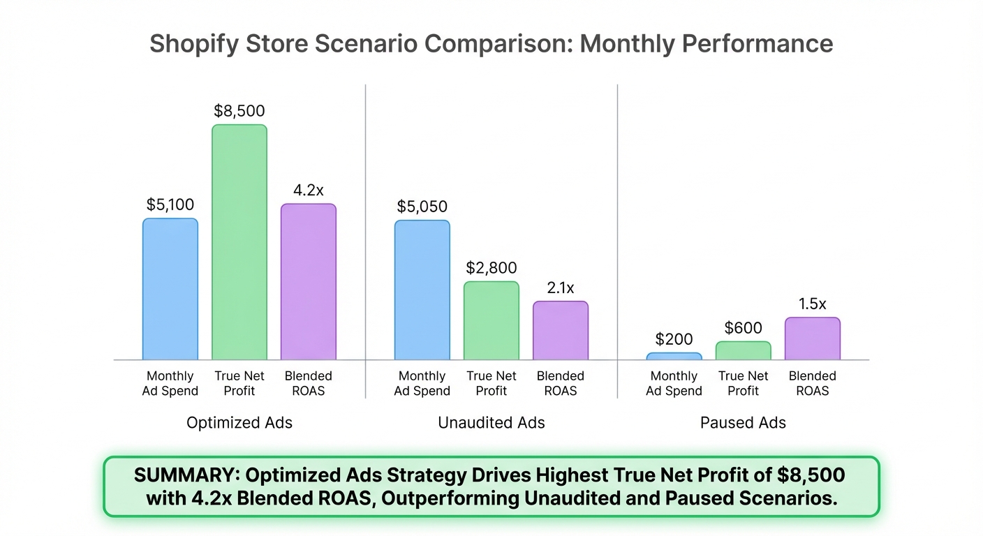 Bar chart comparing three Shopify store scenarios side by side — Optimized Ads, Unaudited Ads, and Paused Ads — with grouped bars showing monthly ad spend around $5,000, true net profit, and blended ROAS values labeled in USD, on a clean white background with a minimal flat design style and a summary profit figure highlighted in green at the bottom