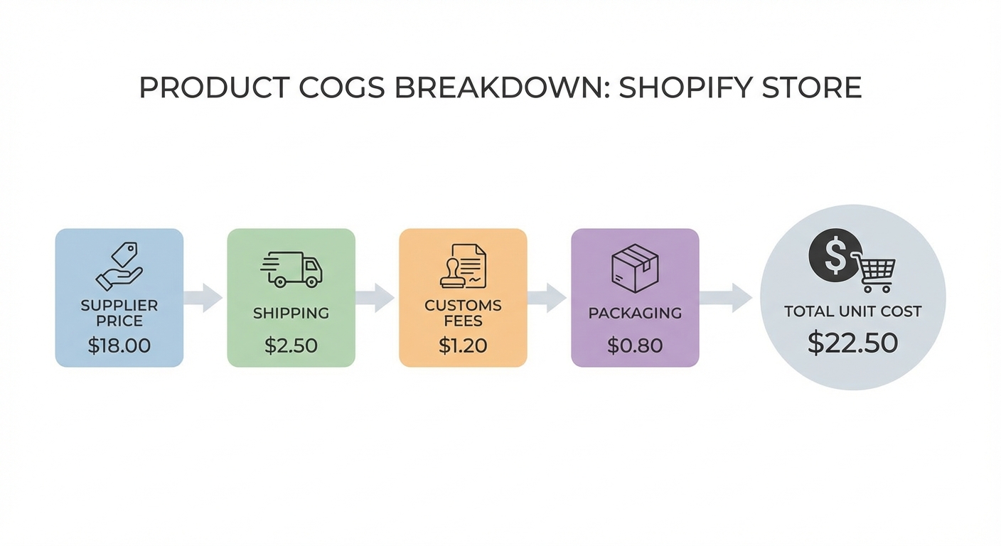 Clean infographic illustrating the breakdown of product cost of goods sold (COGS) for a Shopify store, showing labeled cost components such as supplier price ($18), shipping ($2.50), customs fees ($1.20), and packaging ($0.80) flowing into a total unit cost of $22.50, with simple icons and a white background.