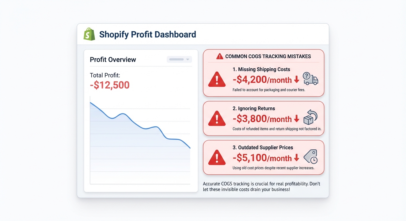 Flat UI mockup on a white background of a Shopify profit dashboard highlighting three common COGS tracking mistakes: missing shipping costs, ignoring returns, and outdated supplier prices, each marked with a red warning icon and a dollar-loss indicator showing figures like -$4,200/month.
