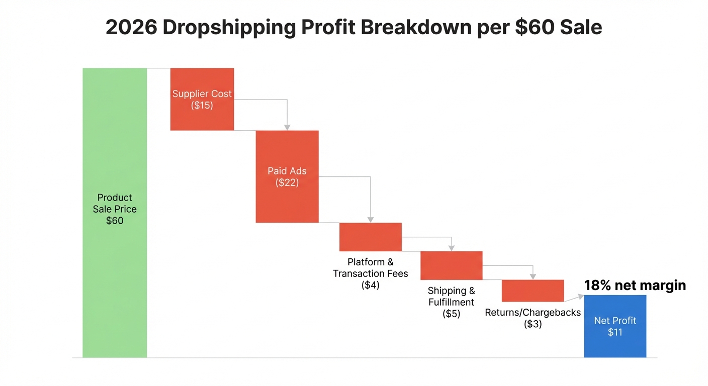 Waterfall chart illustrating a real 2026 dropshipping profit breakdown starting from a $60 product sale price, with labeled negative bars for supplier cost ($15), paid ads ($22), platform and transaction fees ($4), shipping and fulfillment ($5), and returns/chargebacks ($3), ending with a final net profit bar of $11 highlighted in blue with a '18% net margin' label