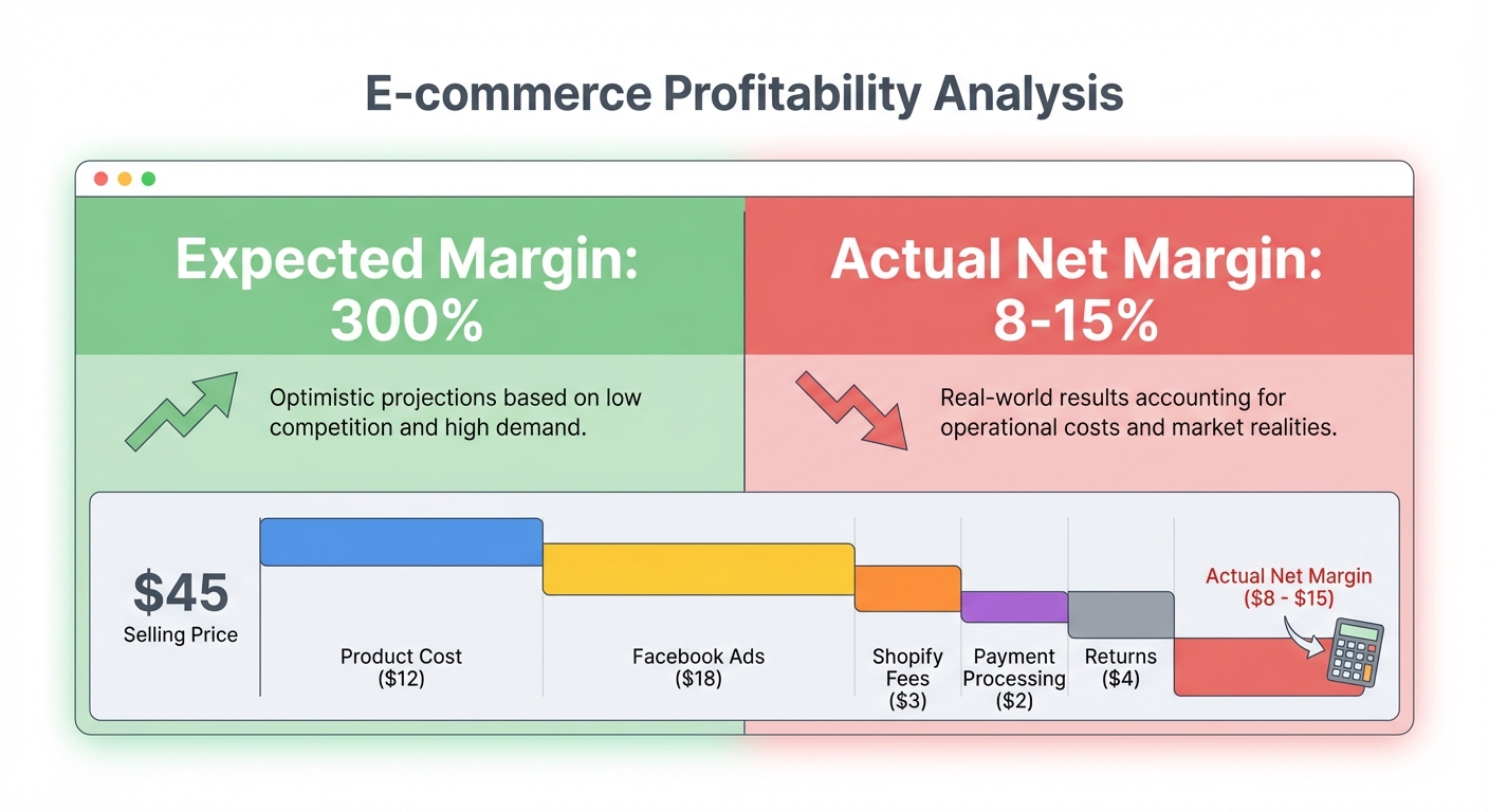 Flat UI mockup on a white background of a split comparison panel showing 'Expected Margin: 300%' in green on the left versus 'Actual Net Margin: 8-15%' in red on the right, with a breakdown bar chart beneath illustrating cost deductions including product cost ($12), Facebook Ads ($18), Shopify fees ($3), payment processing ($2), and returns ($4) eating into a $45 selling price
