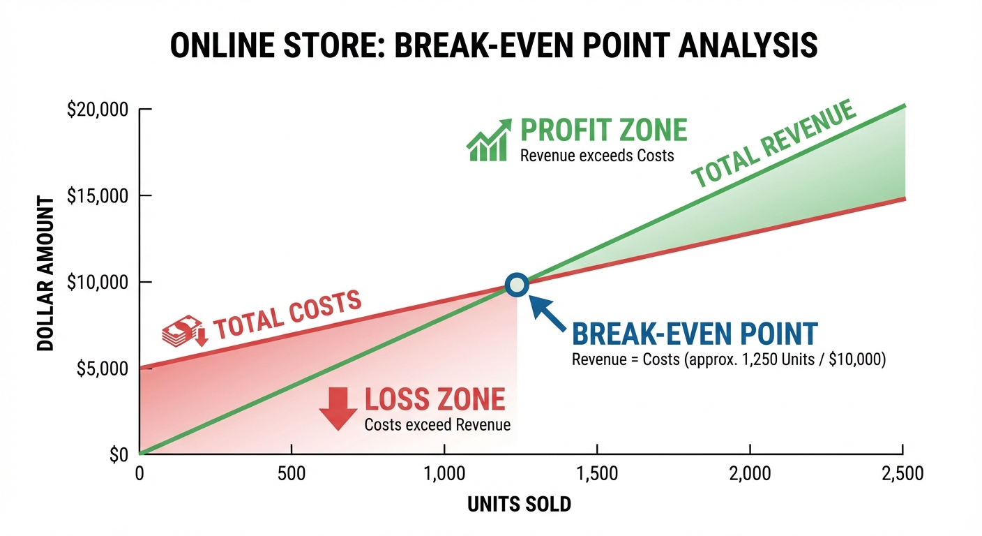 Clean infographic illustrating the break-even point concept for an online store, showing a line graph where a 'Total Revenue' line crosses a 'Total Costs' line at a clearly labeled 'Break-Even Point' marker, with the area below shaded red for 'Loss Zone' and above shaded green for 'Profit Zone', using dollar amounts like $0, $5,000, $10,000, and $15,000 on the Y-axis and units sold on the X-axis, on a white background.