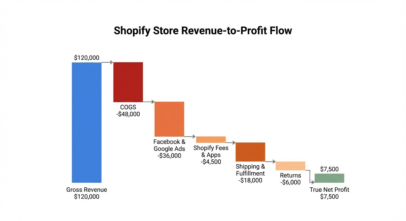 Waterfall chart on a white background illustrating a Shopify store's revenue-to-profit breakdown starting from a $120,000 gross revenue bar, with sequential descending blocks labeled COGS (-$48,000), Facebook & Google Ads (-$36,000), Shopify Fees & Apps (-$4,500), Shipping & Fulfillment (-$18,000), and Returns (-$6,000), ending in a stark final 'True Net Profit' bar of only $7,500 in muted green, with all deduction bars shown in shades of red and orange.