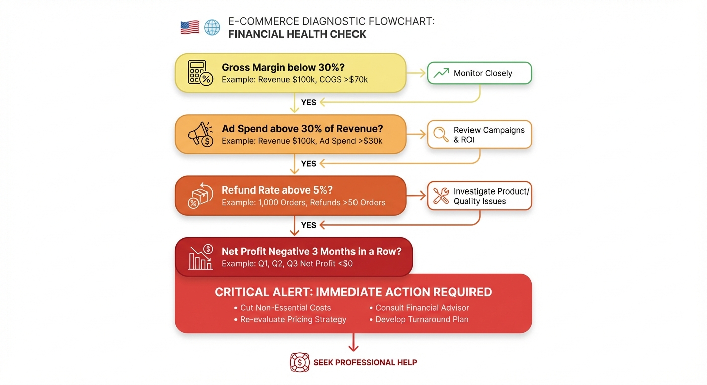 Clean infographic on a white background showing a vertical step-by-step diagnostic flowchart with four decision nodes labeled 'Gross Margin below 30%?', 'Ad Spend above 30% of Revenue?', 'Refund Rate above 5%?', and 'Net Profit Negative 3 Months in a Row?', each branching into warning-level color codes from yellow to orange to red, with dollar threshold examples in USD and small icon indicators for a US-based e-commerce store.