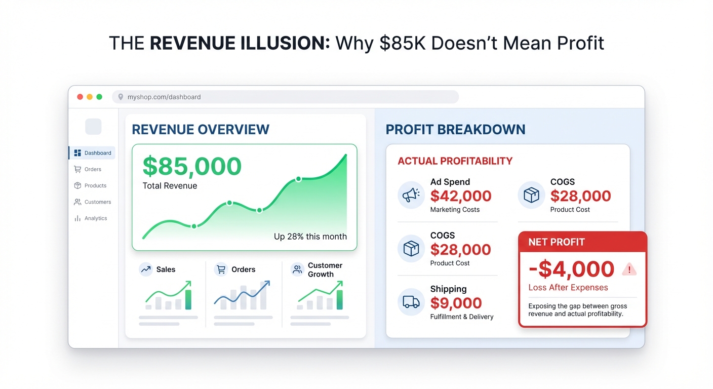 Flat UI mockup on a white background of a Shopify-style dashboard split into two panels side by side: the left panel shows a large green '$85,000 Revenue' metric with an upward trending chart, while the right panel reveals the true profit breakdown with red negative figures for ad spend ($42,000), COGS ($28,000), shipping ($9,000), and a final net profit of -$4,000 highlighted in red, visually exposing the gap between gross revenue and actual profitability.