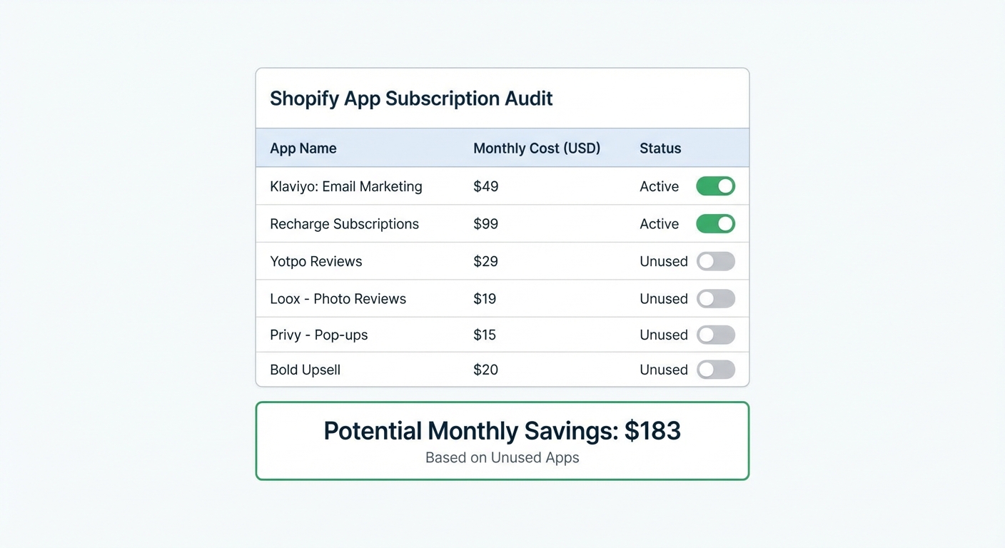 Flat UI mockup on a white background of an app subscription audit dashboard showing a list of 6 Shopify apps with monthly costs in USD (e.g. $29, $49, $19), toggle switches to mark each as 'Active' or 'Unused', and a summary panel at the bottom displaying 'Potential Monthly Savings: $183'