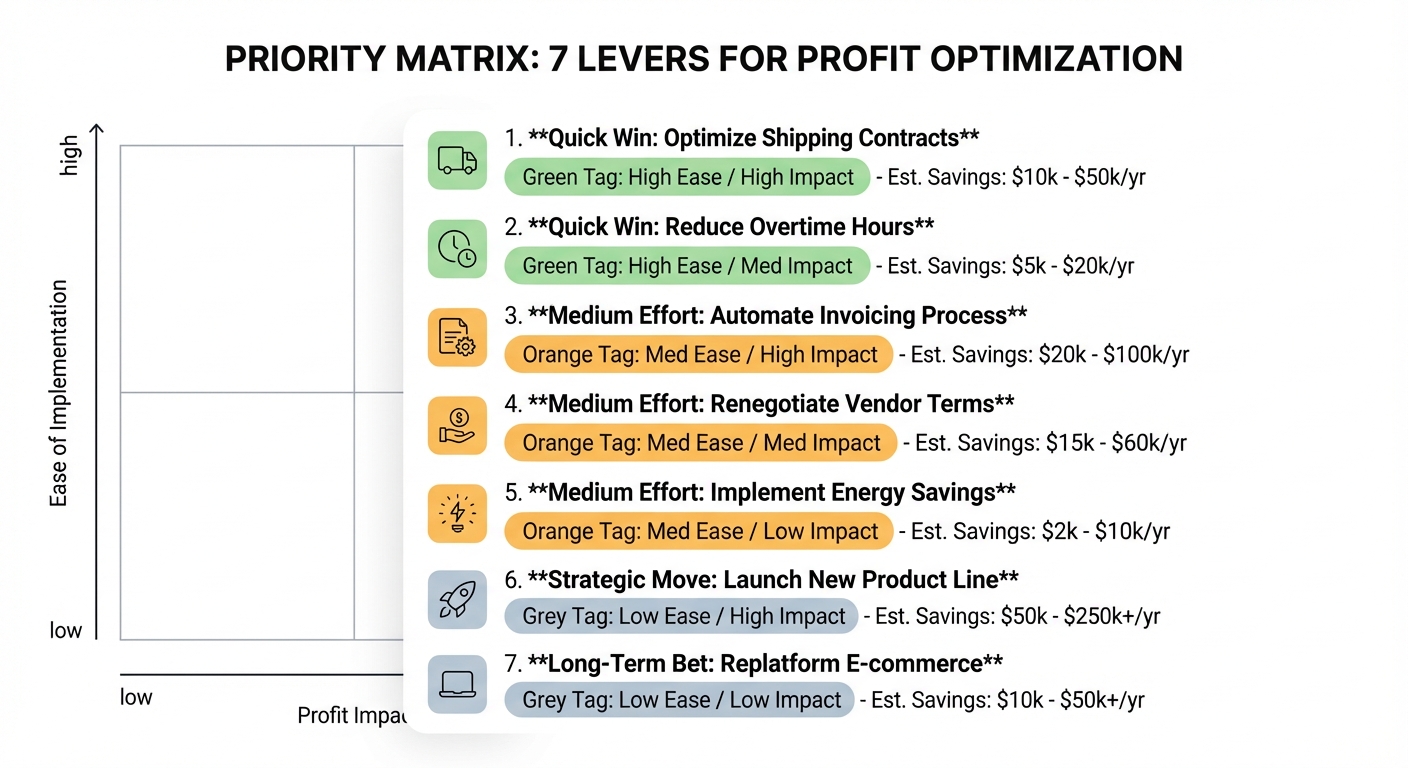 Clean priority matrix infographic on a white background listing 7 levers ranked by ease of implementation versus profit impact, displayed as a numbered vertical list with color-coded tags (green for quick wins, orange for medium effort) and estimated USD savings ranges next to each lever