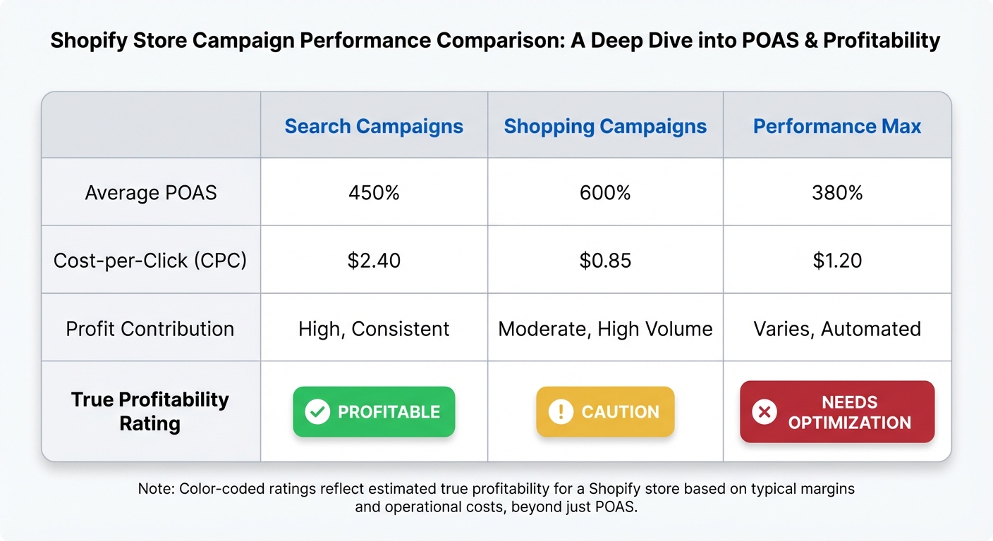 Flat UI mockup on a white background of a comparison table with three columns labeled 'Search Campaigns', 'Shopping Campaigns', and 'Performance Max', each showing key metrics like average POAS, cost-per-click ($2.40, $0.85, $1.20), profit contribution, and a color-coded rating badge (green, yellow, red) indicating true profitability for a Shopify store