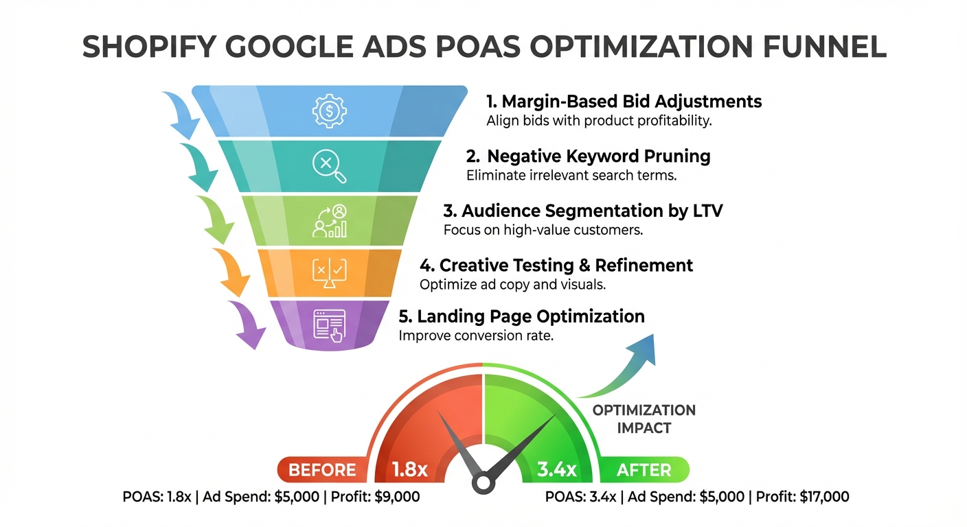 Clean infographic showing a step-by-step optimization funnel for improving Google Ads POAS on Shopify, with five labeled action steps including bid adjustments based on product margin, negative keyword pruning, audience segmentation by LTV, and a before/after POAS gauge rising from 1.8x to 3.4x with dollar figures showing ad spend of $5,000 generating $17,000 in profit