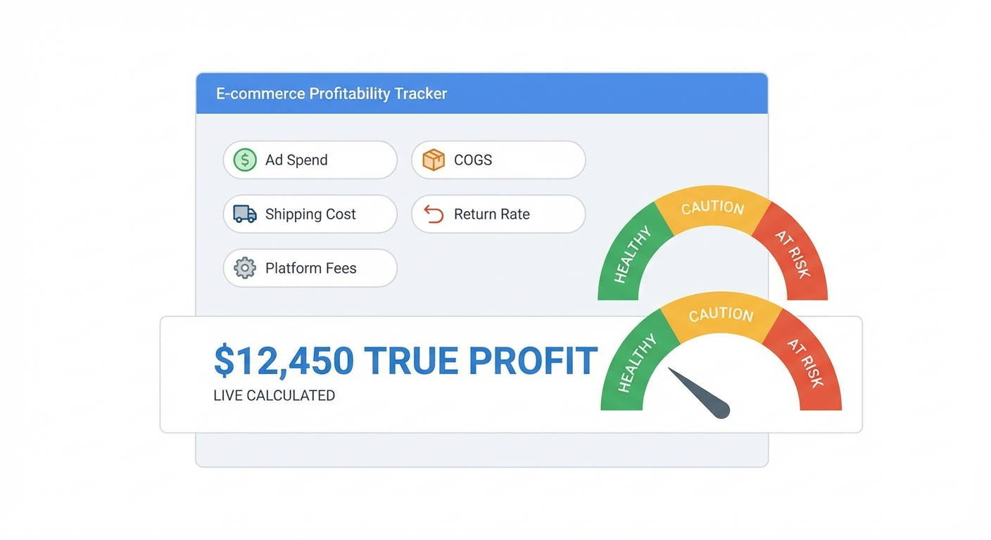 Flat UI mockup on a white background of an analytics dashboard tracking panel with input fields labeled Ad Spend, COGS, Shipping Cost, Return Rate, and Platform Fees, alongside a live-calculated True Profit metric and a color-coded profitability gauge showing green, yellow, and red zones