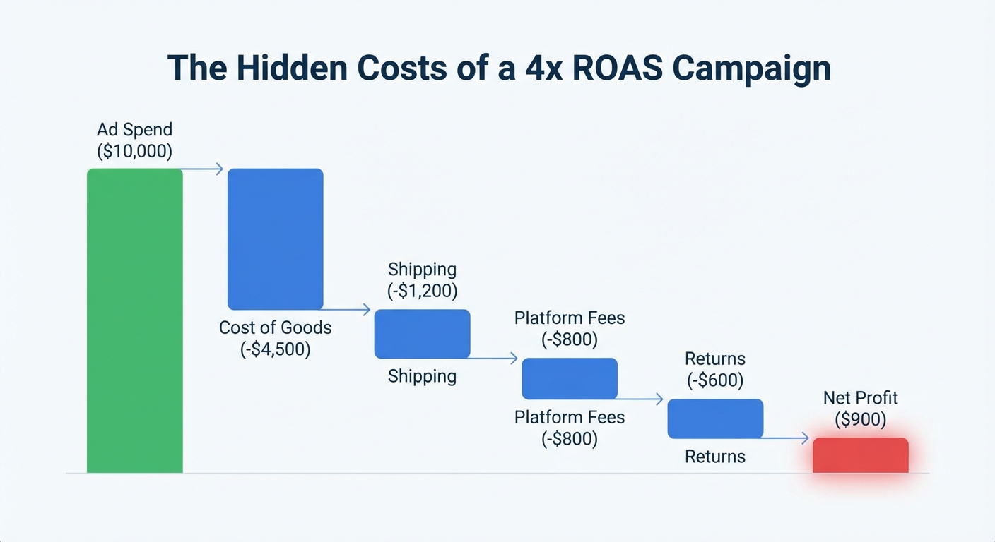Waterfall chart illustrating how a campaign with a 4x ROAS breaks down into hidden costs, showing labeled bars for ad spend ($10,000), cost of goods (-$4,500), shipping (-$1,200), platform fees (-$800), and returns (-$600), with a final net profit bar of only $900 highlighted in red
