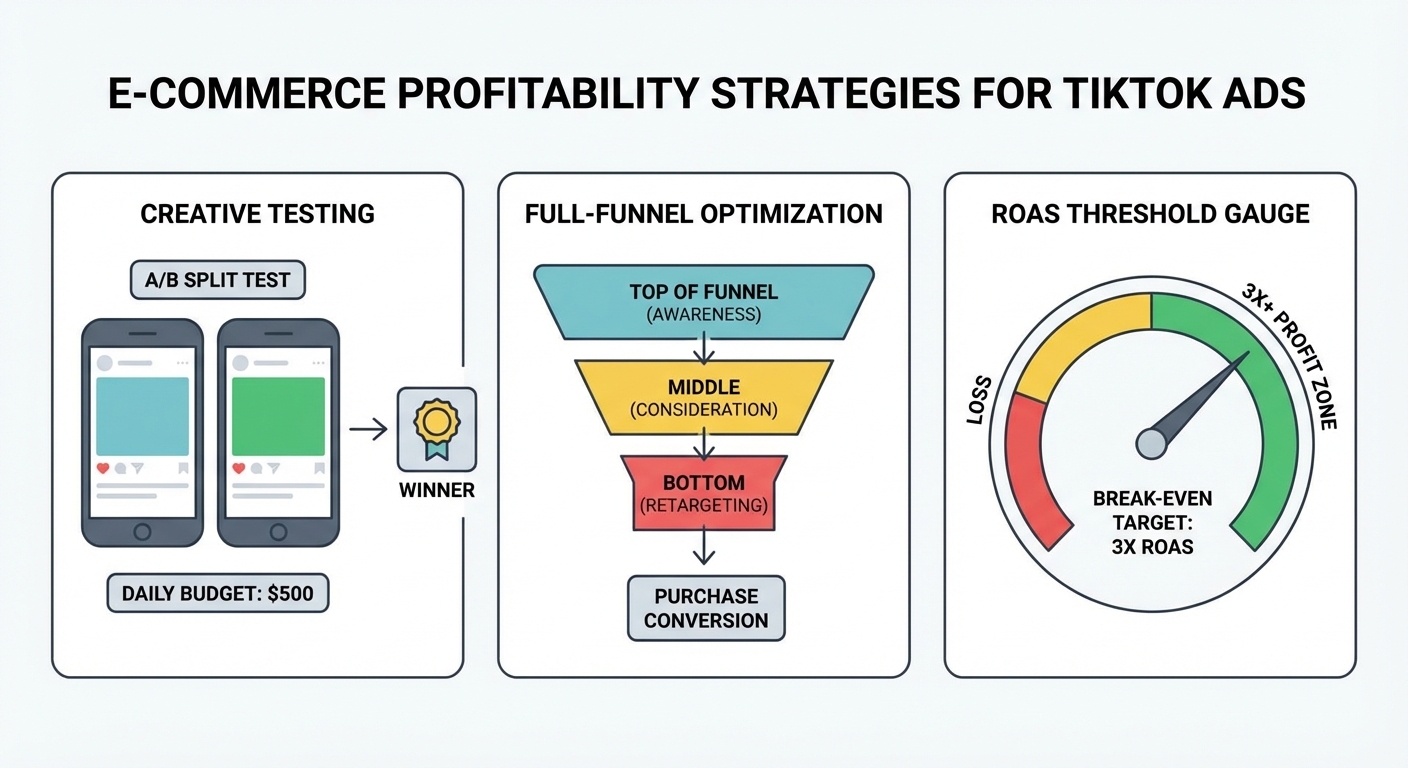 Clean flat UI infographic on a white background illustrating three e-commerce profitability strategies for TikTok Ads: a creative testing panel showing A/B split with $500 daily budget, a funnel diagram connecting top-of-funnel awareness to retargeting, and a ROAS threshold gauge highlighting a 3x break-even target with green and red zones