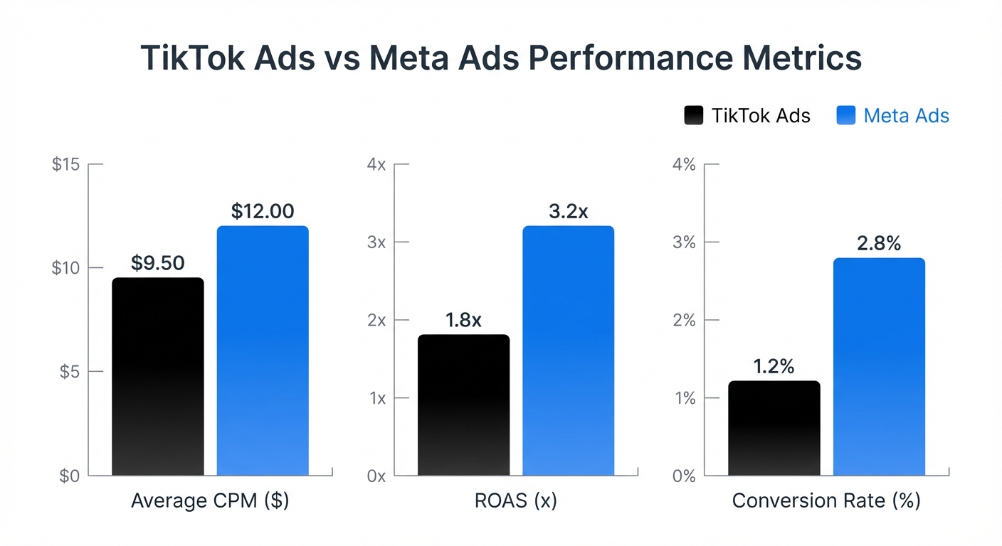Bar chart comparing TikTok Ads vs Meta Ads performance metrics on a white background, showing side-by-side columns for average CPM ($9.50 vs $12.00), ROAS (1.8x vs 3.2x), and conversion rate (1.2% vs 2.8%), with TikTok branded in black and Meta in blue, clear axis labels and a legend