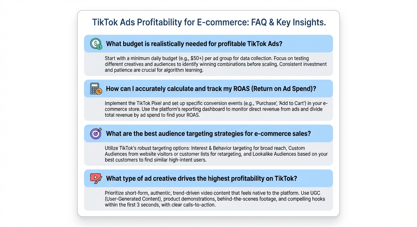 Flat UI mockup on a white background of a FAQ accordion panel with four expanded questions about TikTok Ads profitability for e-commerce, featuring icons for budget ($), ROAS calculator, audience targeting, and ad creative, with concise answer previews in gray text beneath each question header
