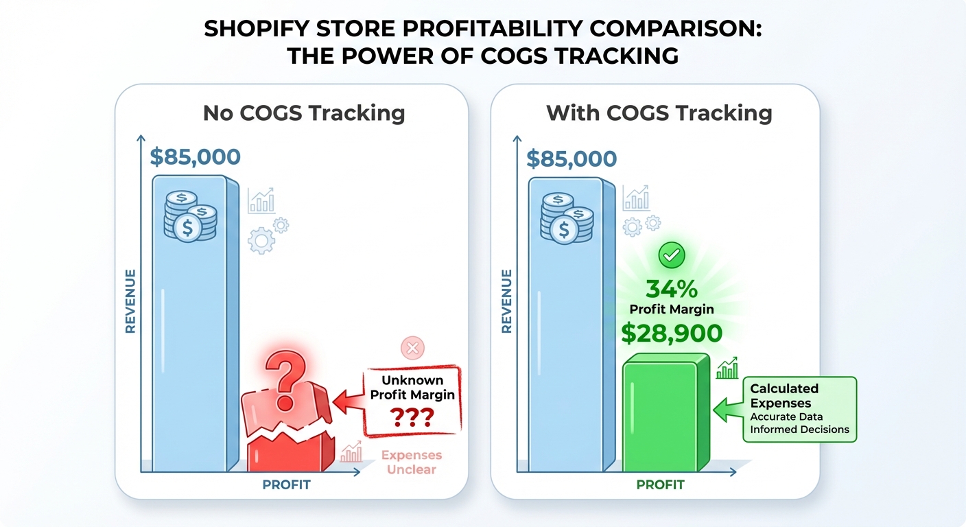 Bar chart comparing two Shopify stores side by side, one labeled 'No COGS Tracking' showing revenue of $85,000 with an unknown profit margin highlighted in red, and one labeled 'With COGS Tracking' showing the same revenue with a clearly calculated 34% profit margin of $28,900 highlighted in green, on a clean white background with bold sans-serif labels
