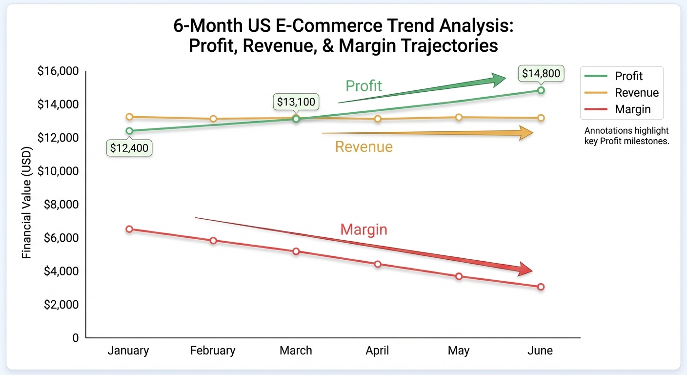 Clean line chart infographic on a white background comparing three trend trajectories over a 6-month period labeled January through June, showing an upward profit trend in green, a flat revenue trend in amber, and a declining margin trend in red, with annotated data points at $12,400, $13,100, and $14,800 to illustrate month-over-month direction for a US e-commerce store