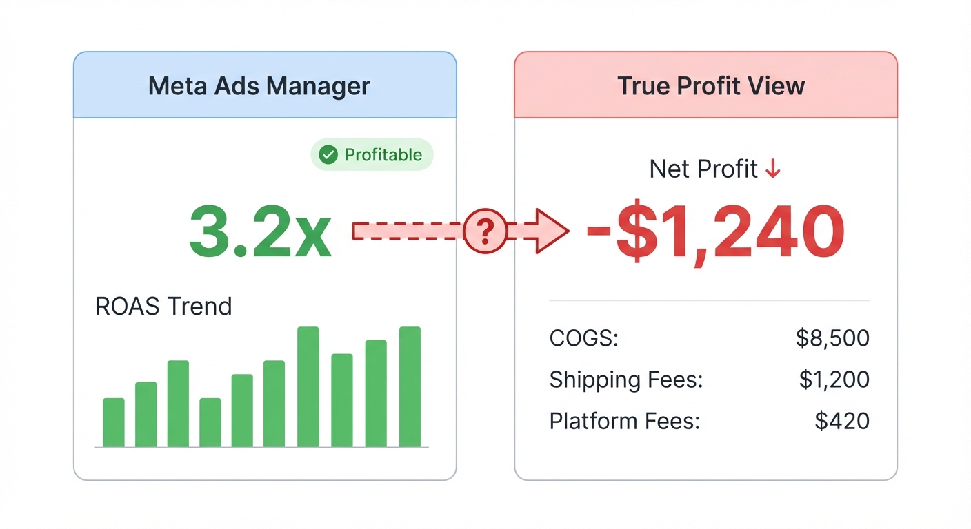 Flat UI mockup on a white background of two side-by-side dashboard panels, the left labeled 'Meta Ads Manager' showing a green ROAS metric of 3.2x and a 'Profitable' status badge, the right labeled 'True Profit View' showing red negative net profit of -$1,240 after deducting COGS of $8,500, shipping fees of $1,200, and platform fees of $420, with an arrow between them highlighting the discrepancy