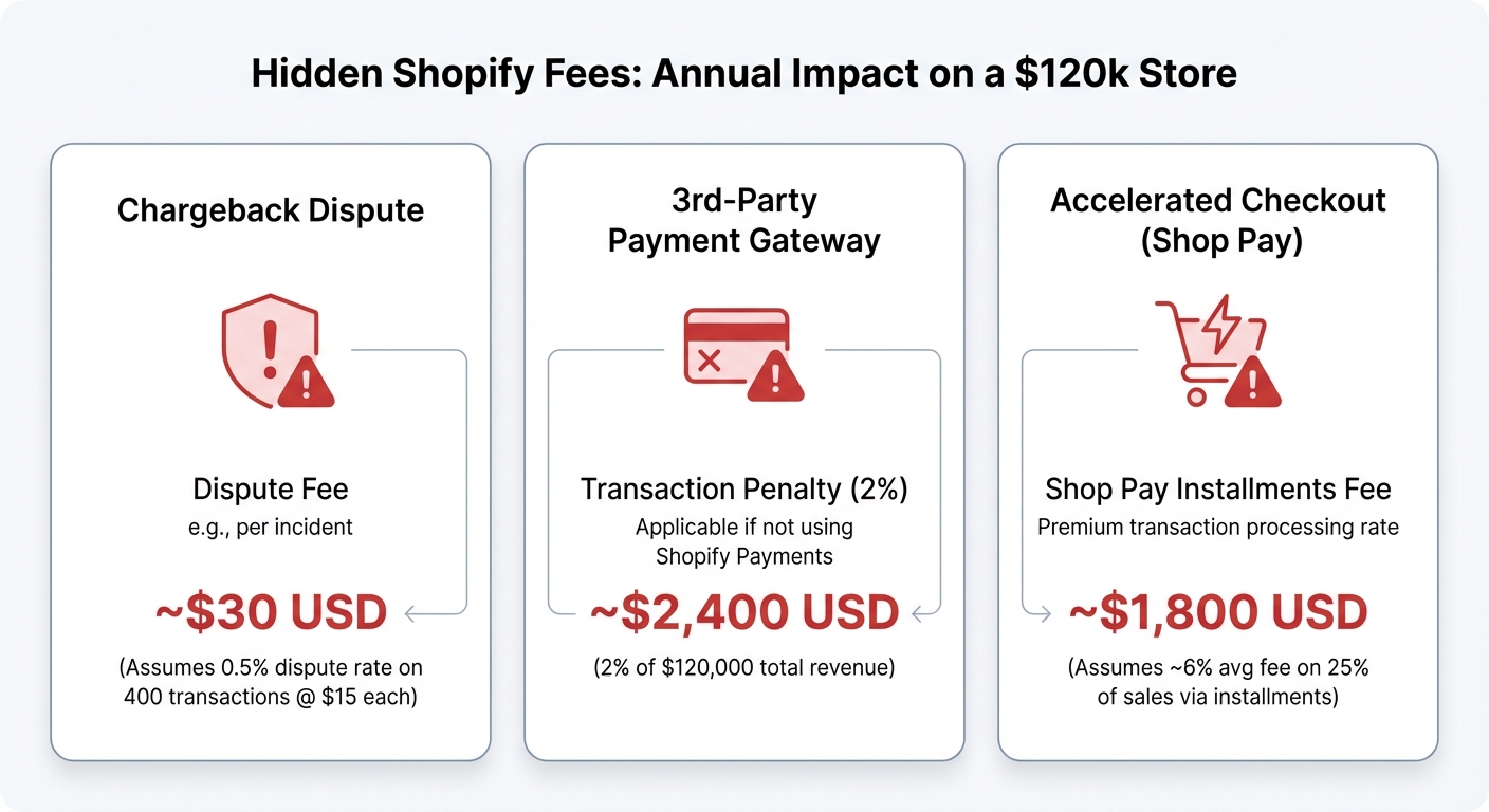 Clean infographic showing three hidden Shopify fee scenarios side by side — a chargeback dispute costing $15, a third-party payment gateway penalty of 2% per transaction, and an accelerated checkout fee for Shop Pay, each panel using a red warning icon, a short explanation label, and an estimated annual cost in USD for a store doing $120,000 in yearly revenue